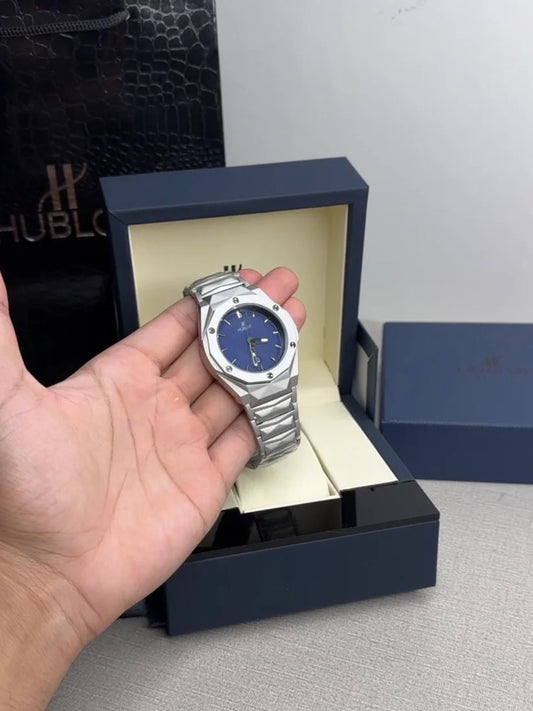 Men’s Luxury Stainless Steel Watch – Deep Blue Dial | Hublot-Inspired Design