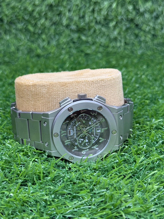 Men's Silver Skeleton Dial Chronograph Watch – Stainless Steel Strap