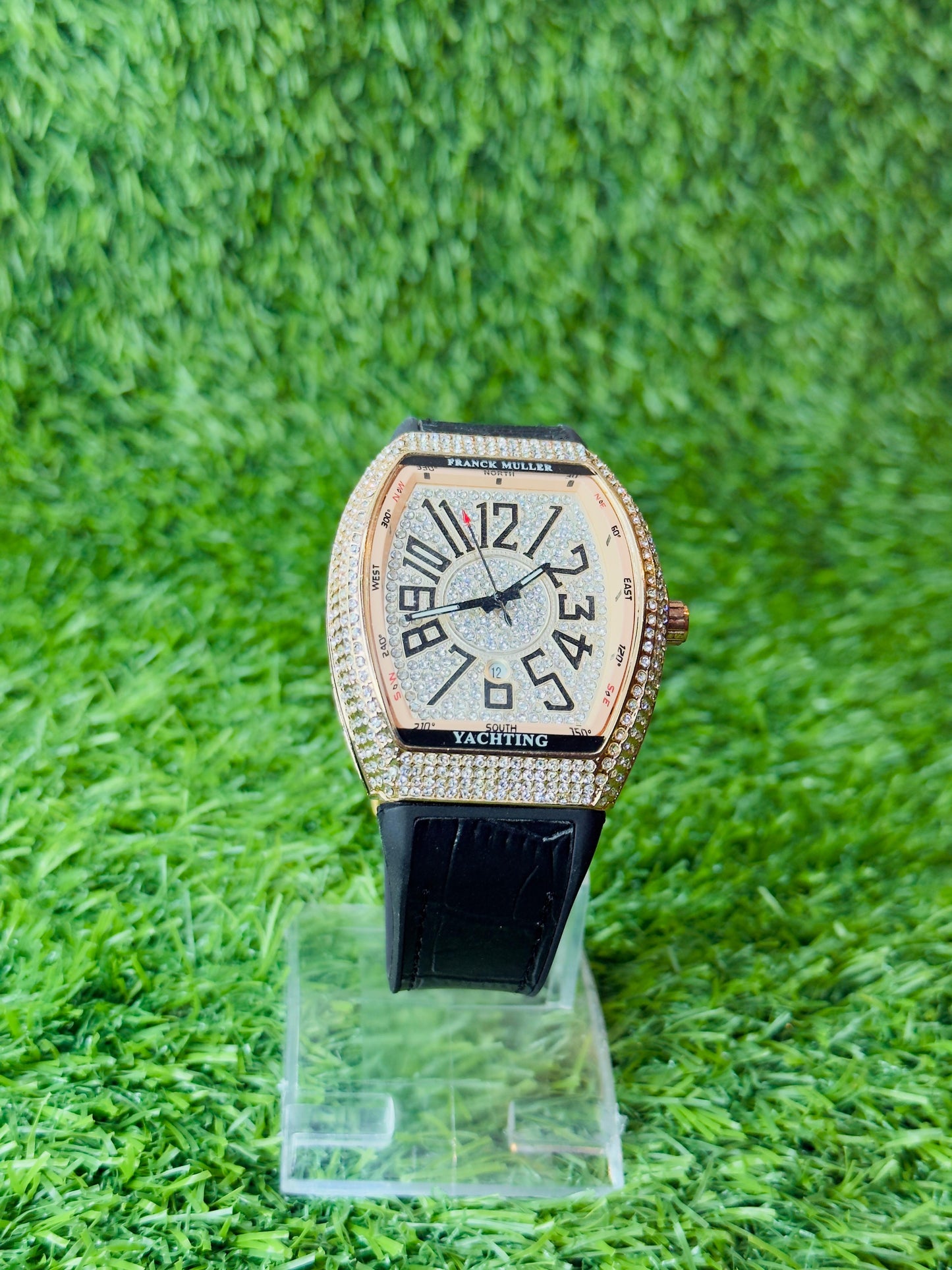 FM Black Leather Strap with Golden diamond watch