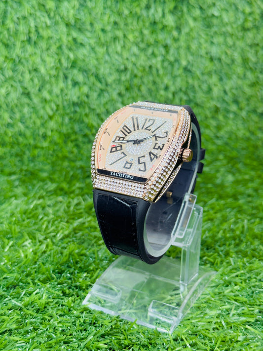 FM Black Leather Strap with Golden diamond watch