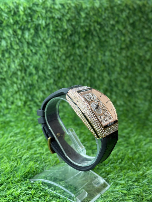 FM Black Leather Strap with Golden diamond watch
