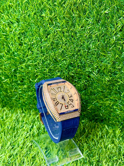 FM BLUE Leather Strap with Golden diamond watch