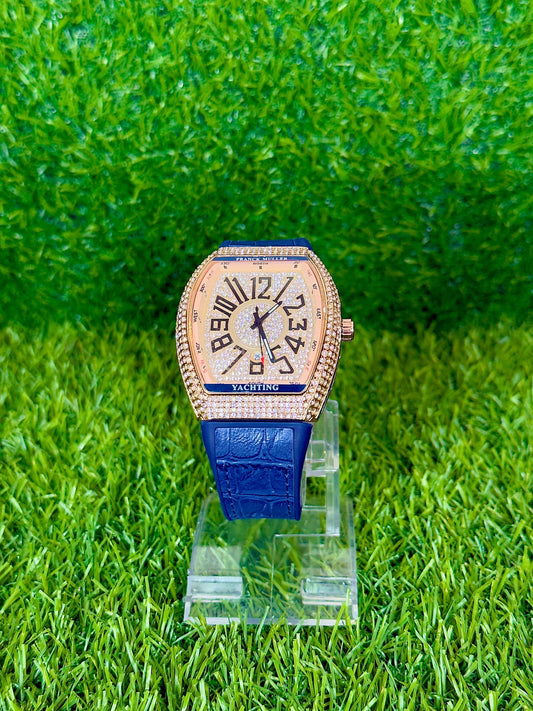 FM BLUE Leather Strap with Golden diamond watch