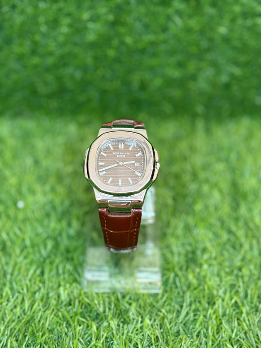 PP Silver bezel with Brown Dial | Brown Leather Strap | Classic Design | Butterfly Lock