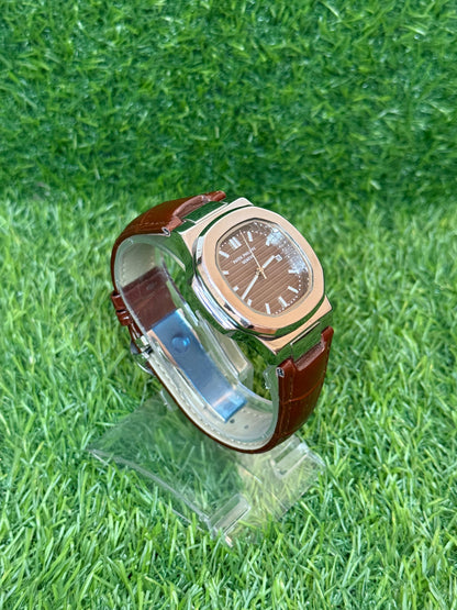 PP Silver bezel with Brown Dial | Brown Leather Strap | Classic Design | Butterfly Lock