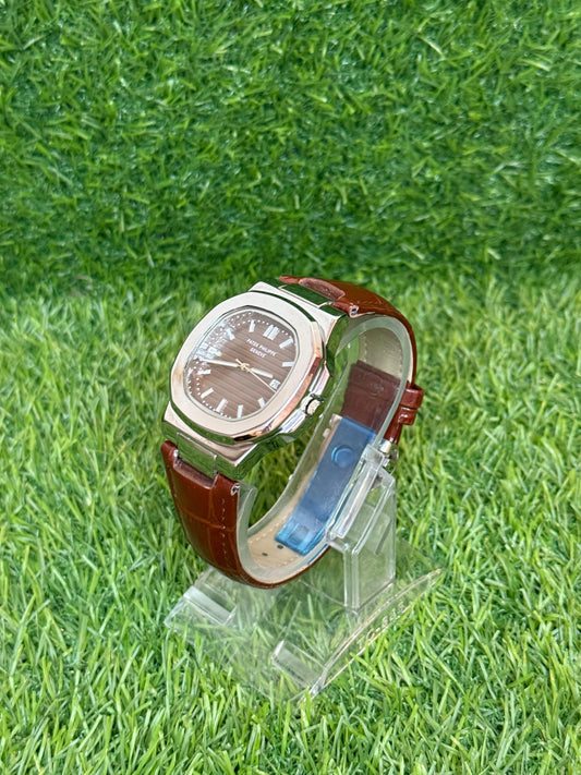 PP Silver bezel with Brown Dial | Brown Leather Strap | Classic Design | Butterfly Lock